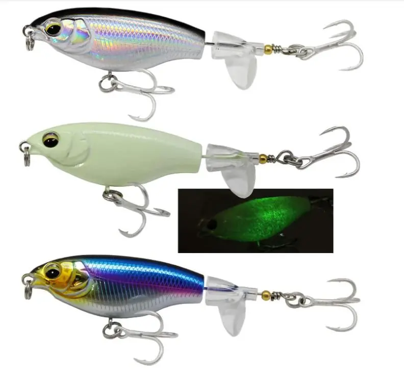 3pcs Topwater Fishing Lures with Rotating Tail, with 1 storage box, 5cm 6g Popper Plopper Luminous Hard Bait, 3D Eyes Floating Swimbaits for Bass Trout Pike Freshwater Saltwater Fishing Tackle