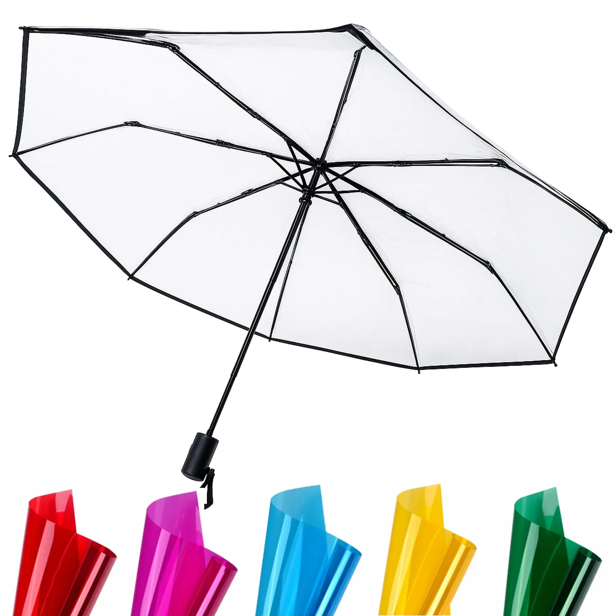 Clear Folding Umbrella with Colorful DIY Stickers, Automatic Transparent Windproof Umbrella for Weddings, Travel, Daily Use & Special Occasions, 43.3" Canopy
