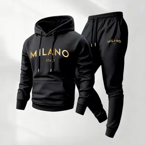 Men's Golden Milano Print Hoodie and Drawstring Sweatpants Set, Menswear, Casual Athletic Long Sleeve Hooded Jacket & Trousers for Fall & Winter, Men's Clothing for Daily Wear, Sportswear Indoor Outdoor, Tracksuit, Athleisure Summer Clothes