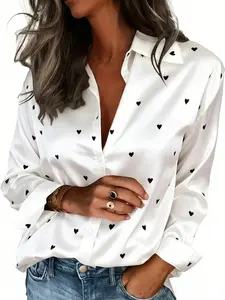 Elegant Women's Satin Heart Pattern Long Sleeve Button-Up Shirt, Casual Button Down, Business Casual Lapel Top, Office and Home Wear, Spring Fall Winter