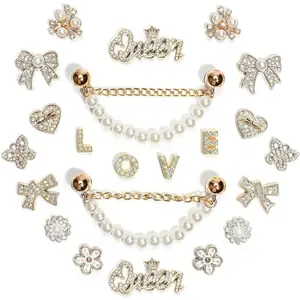 SOGLLQAM Sparkling Rhinestones and Pearls Shoe Charms Set with Elegant Shoe Chains, Love Queen Letter Charms for DIY Women's Clog Sandals Decorations | Trendy Shoe Accessories for Party and Special Occasion Gifts Footwear