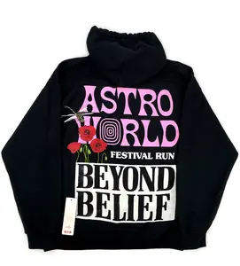 Cactus Jack Astroworld Festival Run Beyond Belief Hoodie Black 93665-563 Mens Long Sleeve Crew Neck Pullover Casual Fall Clothing Menswear Tops Long Sleeve Casual Pullover Stylish Sweatshirts