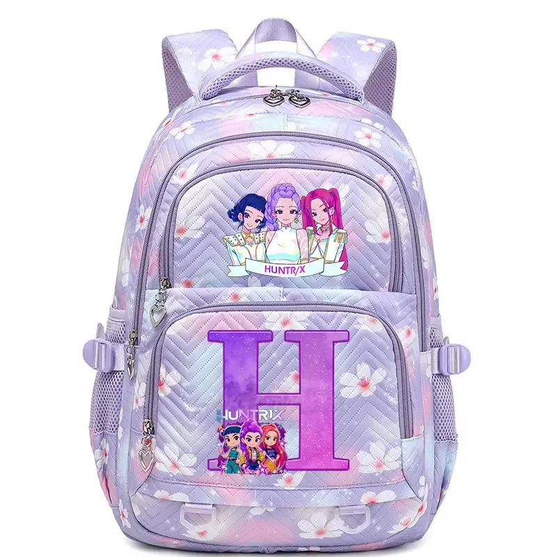 New Huntrx Quilted Backpack - KPOP Cartoon Letter S Print, Pastel Purple, Cherry Blossom Chevron Design, Lightweight, Water-Resistant, Large-Capacity, Multi-Pocket Korean Style Student Daypack with Breathable Padded Straps for Teen Girls