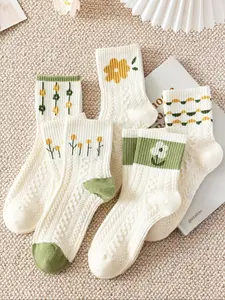 Women's 5 Pairs Floral / Bow Pattern Knitted Socks, Fashion Casual Cozy Ankle Socks for Daily Outdoor Wear, Women Socks for All Seasons, Casual Comfy Socks