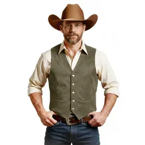 JEMITOP Men's Retro Western Cowboy Vest Faux Suede Leather Snap Waistcoat Slim Fit Casual Wedding Vests with Pockets