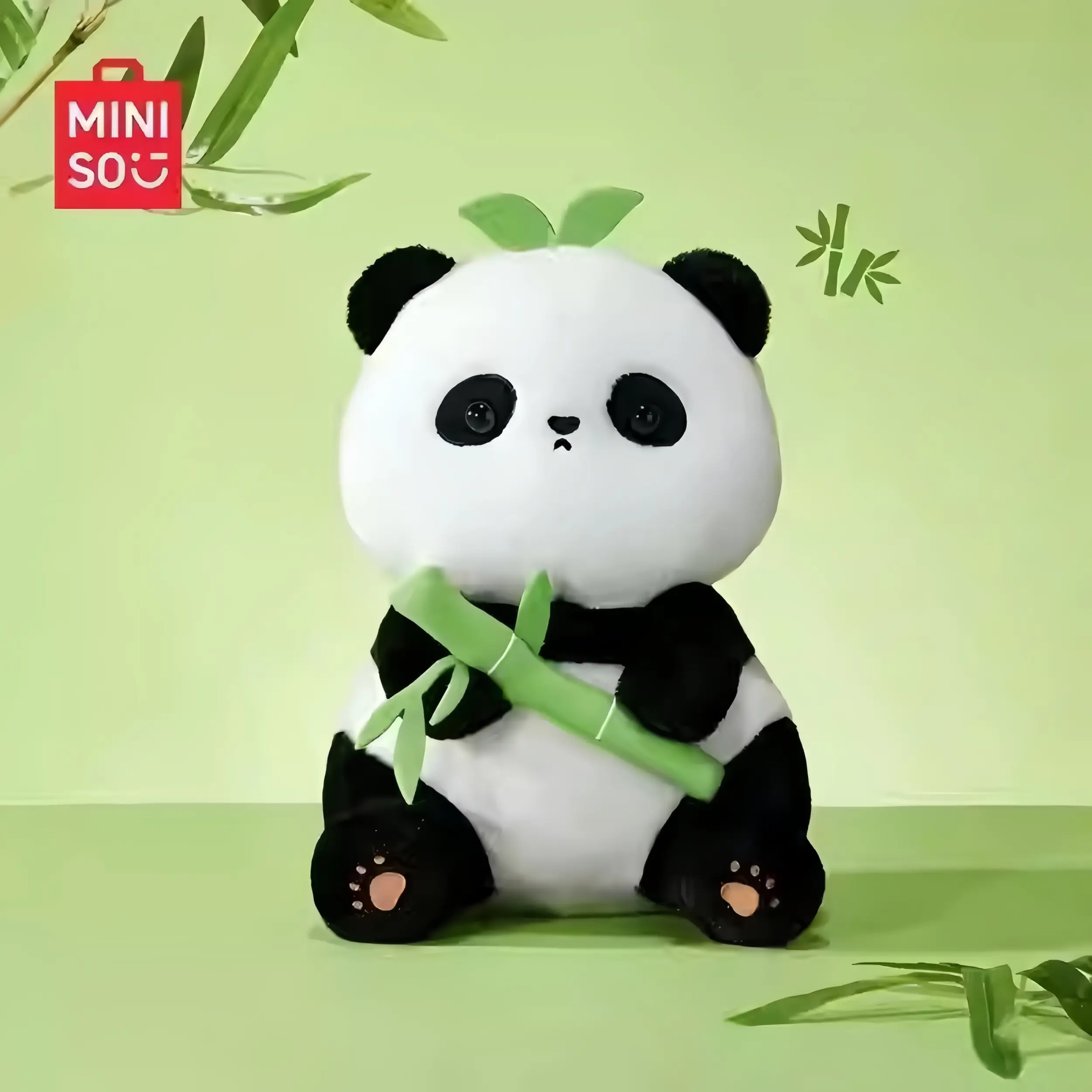 MINISO Sitting Panda Stuffed Animal - Super Soft Fluffy Collectible Cute Doll with Bamboo Blessing, Cozy Pose, 8.5in 1PC Cuddly Doll Gift for Panda Lovers, Room & House Decor, Animal Merch, Cute Animal Design