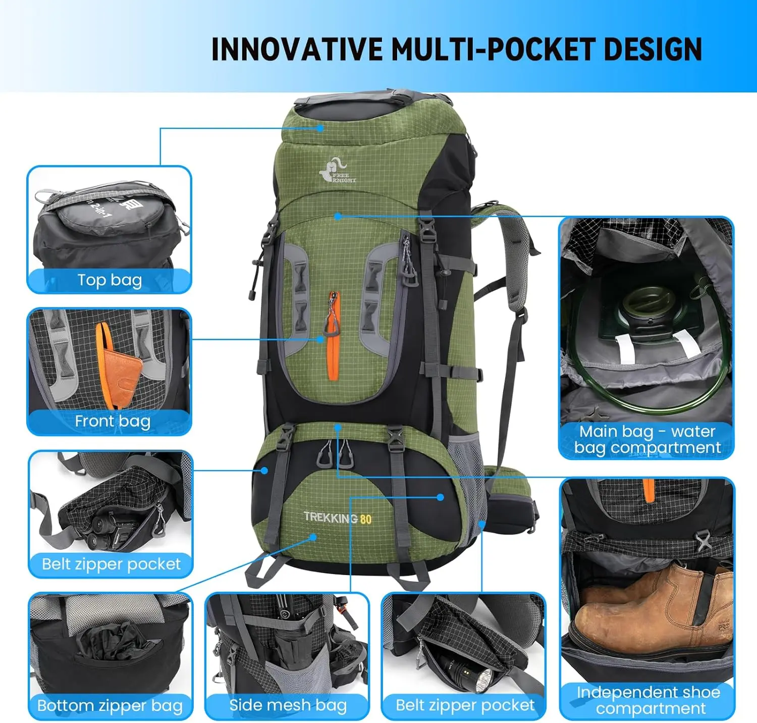 80L Hiking Camping Backpack with Rain Cover, Lightweight Outdoor Travel  Daypack for Climbing Touring (Army Green) - TikTok Shop