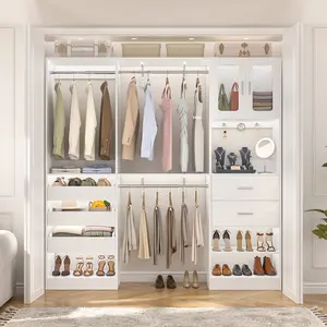 40"-120" W Closet System Set With Wooden Drawers and Hanging Rods, 3.5FT-10FT Walk-in Closet Organizer Wardrobe System with Door Cabinet ＆ Shelves