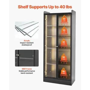 VEVOR Display Cabinet with Doors, 67 in Tall Lighted Display Case with 2 Adjustable Shelves, 5-Tier Curio Collectibles Storage Cabinet, Bookshelf Bookcase for Pantry Bedroom Living Room Office