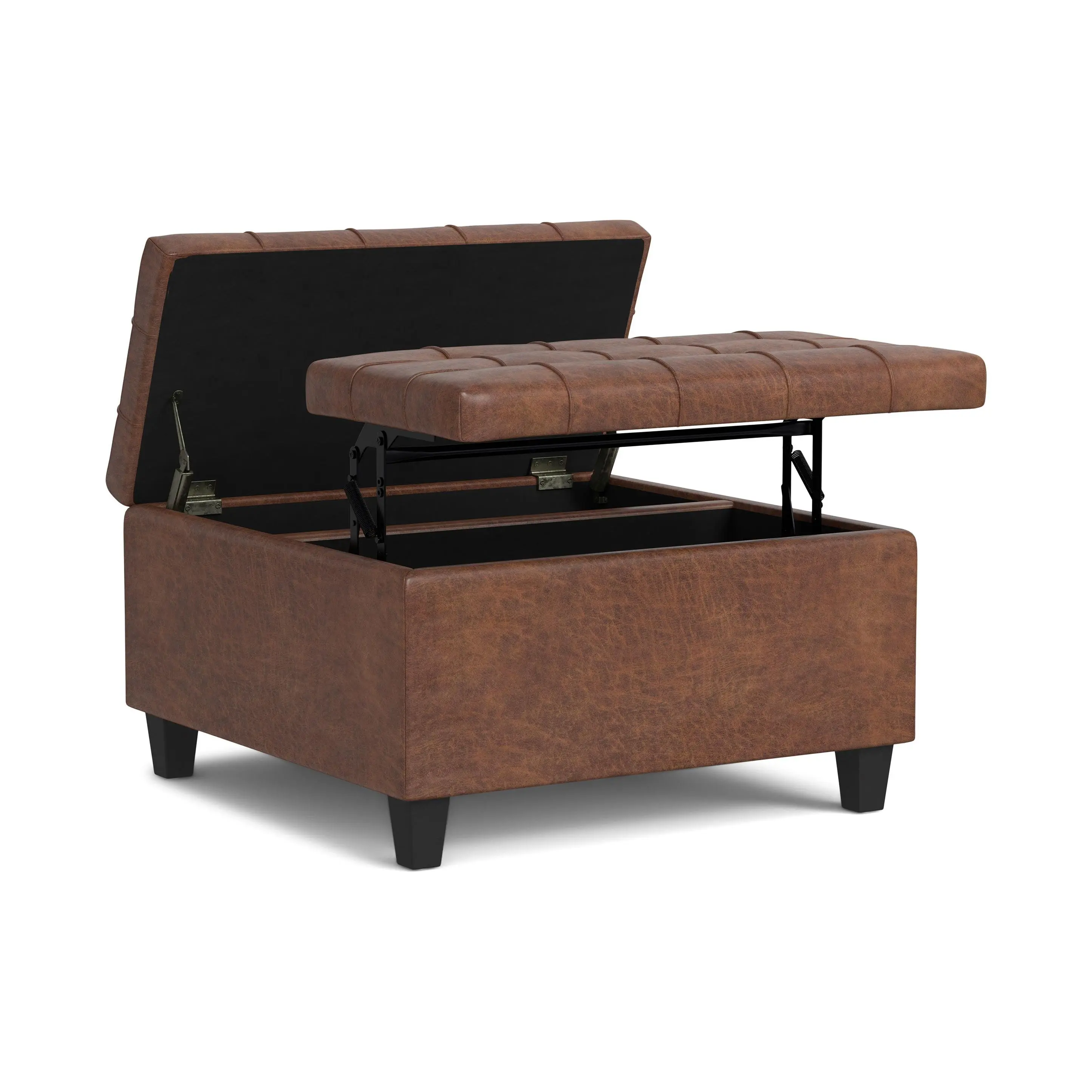Harrison Small Square Tufted Multifunctional Faux Leather Stool - Distressed, Pre-Assembled Footstool with Storage, Space-Saving Contemporary Modern Furniture for Condo Living Room Decor