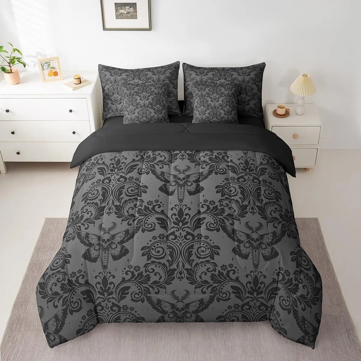 Feelyou 7-Piece Black Vintage Damask Floral Bedding Set - Microfiber Quilt, Breathable Cover, Oriental Antique Bed Comforter, Bedsheet Sets for Adults with Bohemian Vibe