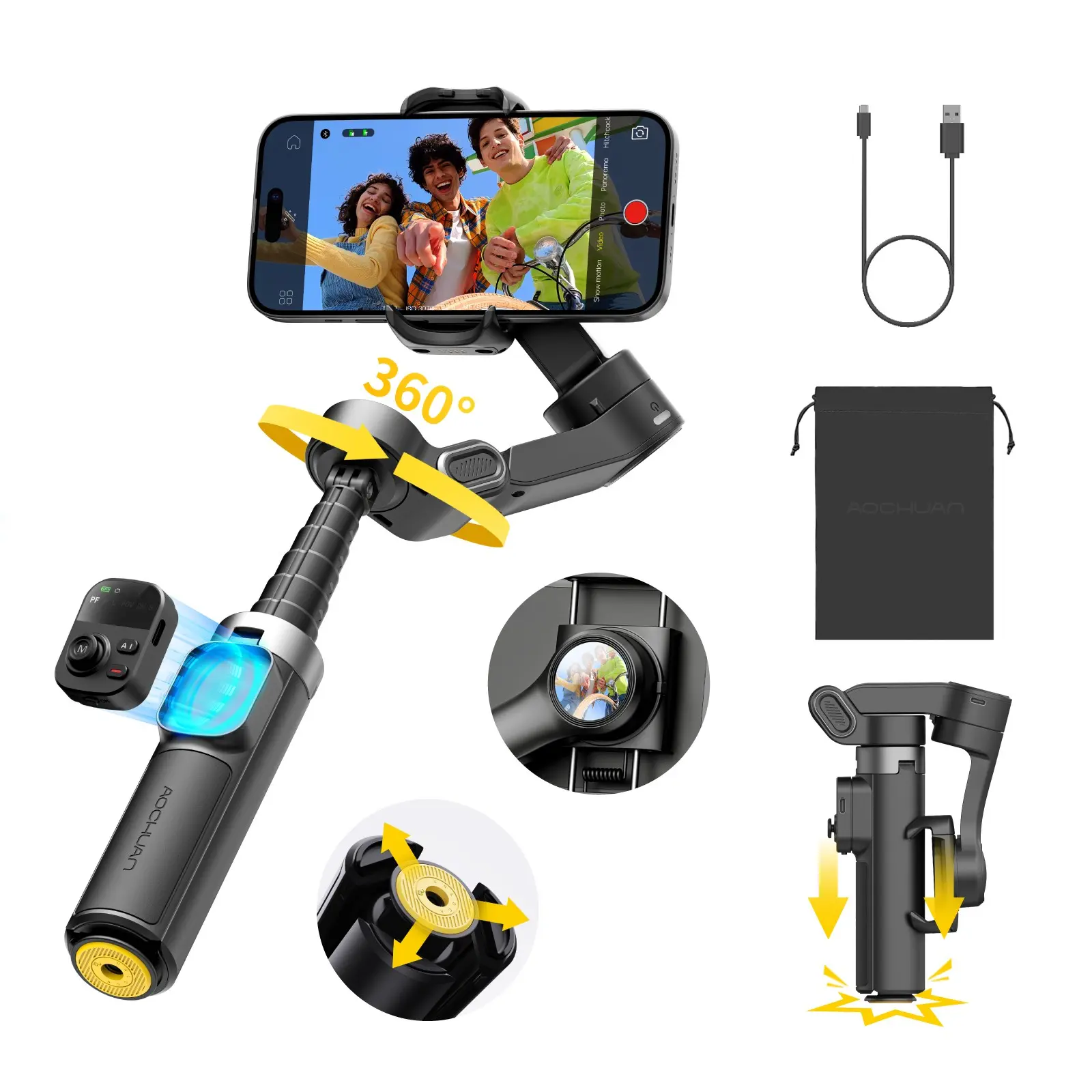 AOCHUAN 3-Axis Gimbal Stabilizer, Stabilizer Cell Phone, Phone Camera Stabilizer for iPhone w/360° Face Tracking, Smartphone Gimbal w/One-Tap Tripod Stand, Gesture Control, Stabilizer w/Magnetic Remote Control & 20" Extension Rod, Smart X3