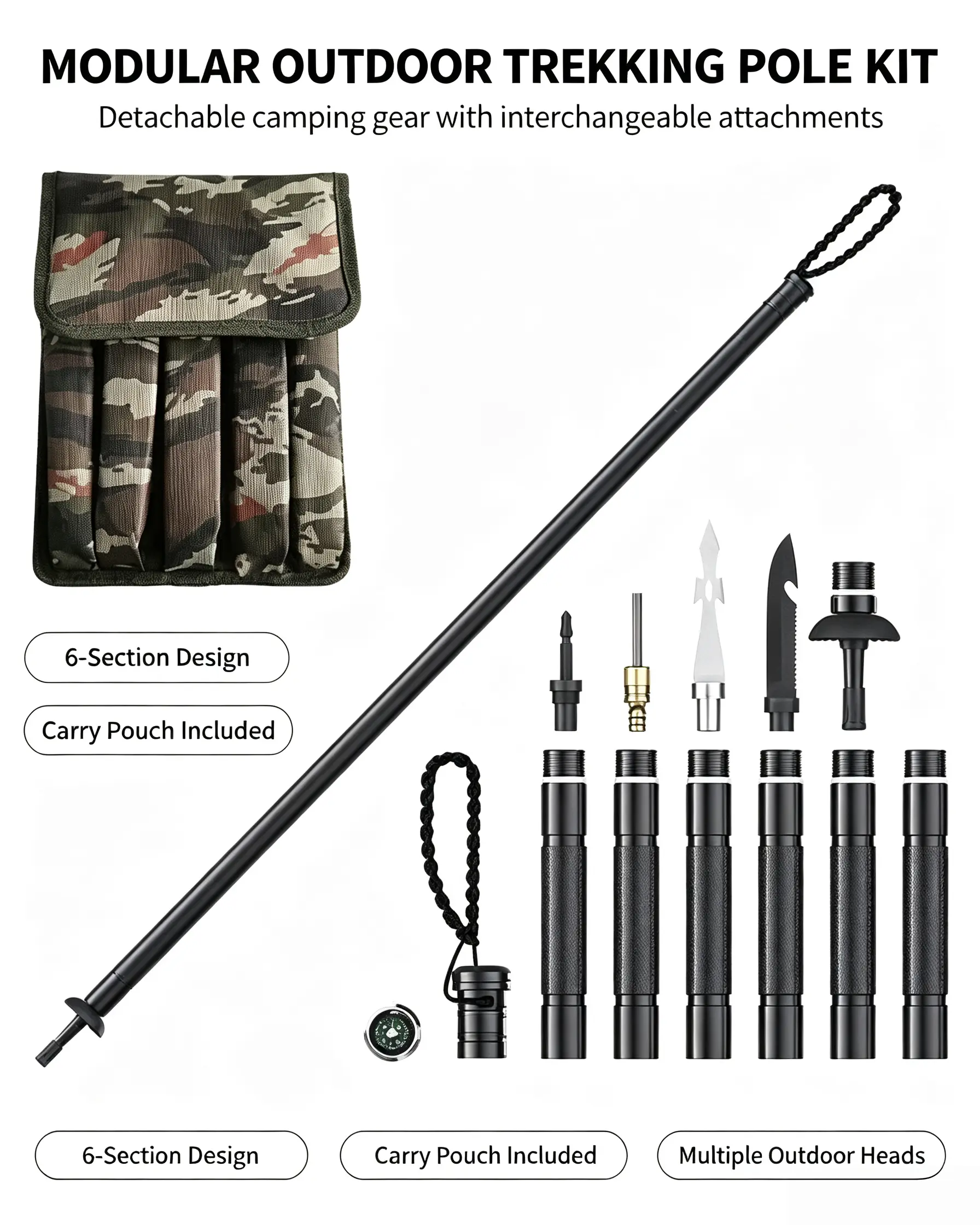 Lightweight Modular Trekking Stick Set, Multi-Piece Detachable Outdoor Camping Equipment with Multiple Replacement Heads & Carry Pouch for Backpacking & Trail Exploration