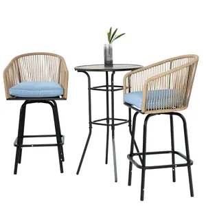 3pcs Outdoor Bar Set, Patio Bar Table and Chairs Set, Bar Height Patio Set - 2 x Swivel Bar Chairs , 1 x Round Bar Table(DPC Wood-Like)-Blue