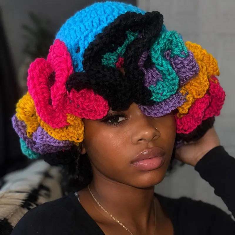No restocks ! Women's Unisex Frankys Crochet Handmade Ruffle Bucket Hat - Trendy Acrylic Material, Casual Summer Multi-Color Fashion Accessory