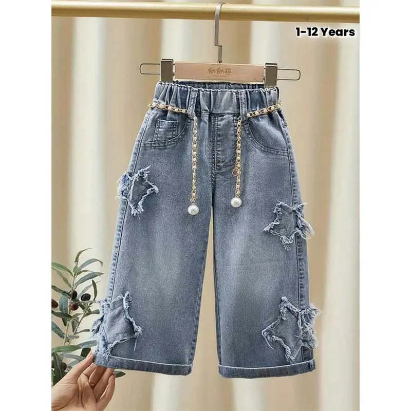 Western-style wide-leg jeans with frayed hems, faux crack design, elastic waistband, mid-rise loose fit, suitable for casual daily wear in spring and autumn