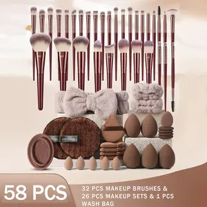 58PCS Makeup Tools Set :32PCS Makeup Brush Sets+5PCS Makeup Sponges+5PCS Mini Makeup Sponges+5PCS Triangle Powder Puffs++5PCS Mini Air Cushion Powder Puff+2PCS Facial Cleansing Sponges+1pc Hairband+2PCS Hand Bowl Strap+1pc Makeup Brush Cleaning Tools, Cos