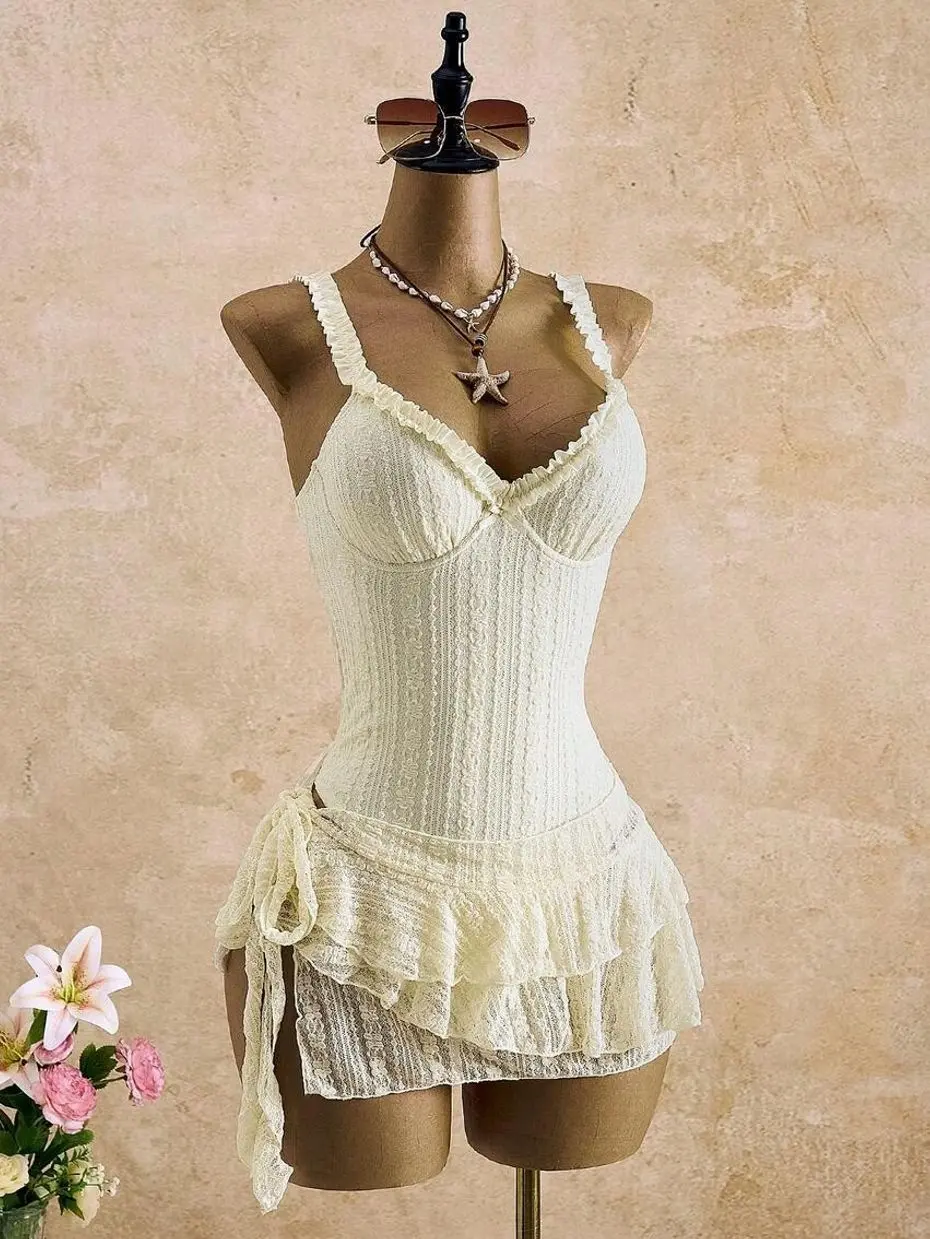 Bellisia Ivory Lace Corset One-Piece Swimsuit & Ruffle Skirt Set | Frilled Strap Bustier Swimsuit | Beach Bridal Honeymoon 2PC Bathing Suit