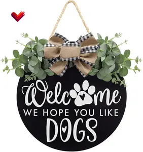 Asoulin Wooden Welcome Wreath Sign for Front Door Porch Decor - Farmhouse Flower Hanger with Buffalo Plaid Bow & Vibrant Greenery - Perfect Gift for Dog Lovers & Holiday Decoration