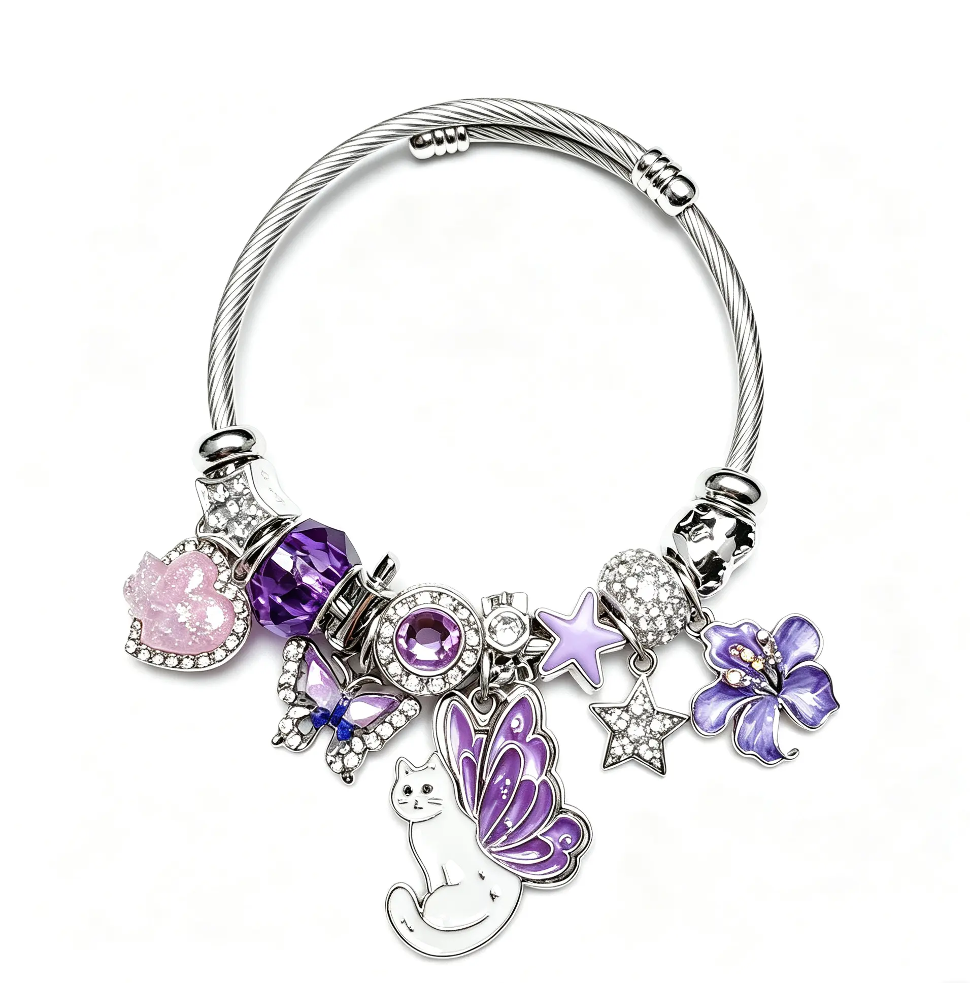 Purple Butterfly Winged Cat Charm Bracelet, Adjustable Stainless Steel Twisted Wire Open Cuff Bangle with Crystal, Star, Flower & Pink Heart Charms, Dainty Jewelry Gift for Women Teen Girls