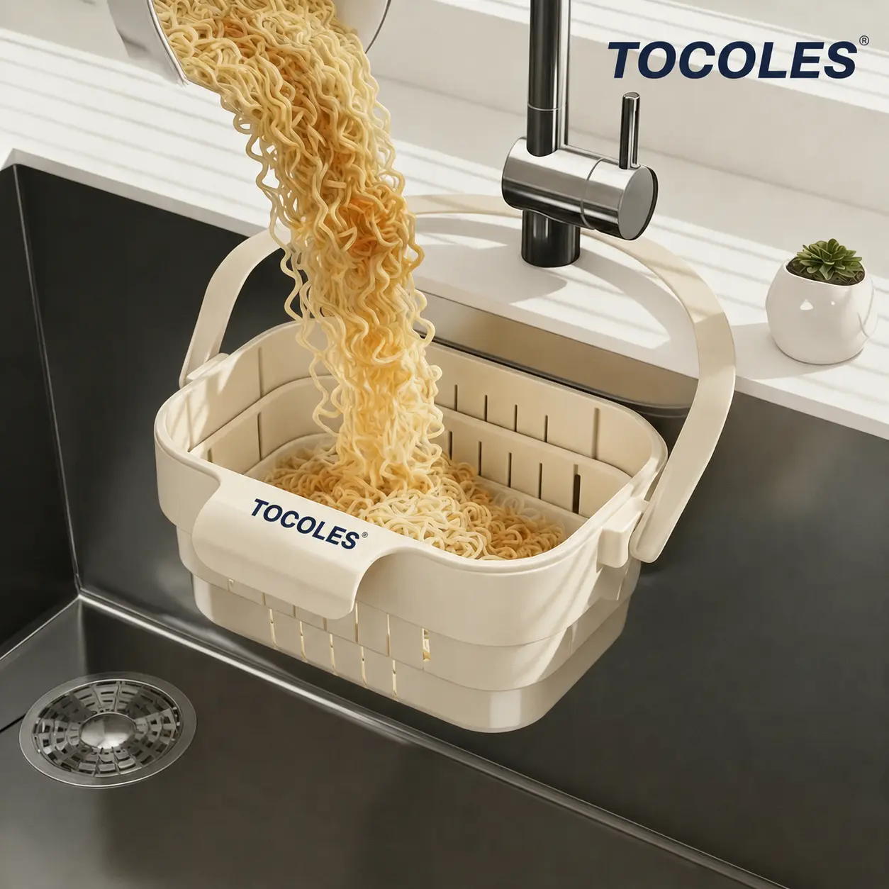 TOCOLES Foldable Drain Basket for Kitchen Sink - Hands-Free Hygienic Design, High-Efficiency Anti-Clog System, Tool-Free Installation, Slim Space-Saving, Easy-Clean, Low-Maintenance Anti Clogging Strainer Kitchenware Stainless Steel