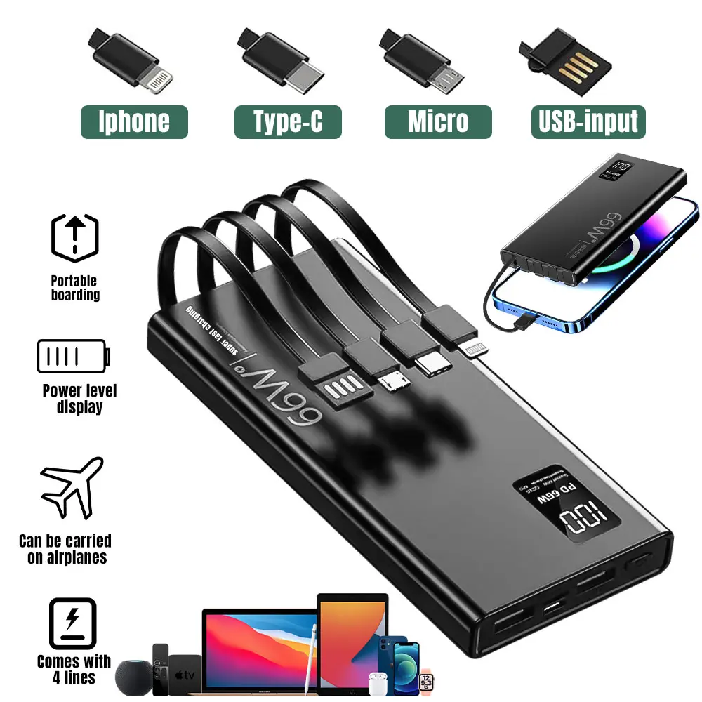 66W PD 20W Fast Charging Power Bank, 20000mAh Portable External Battery with 4 Built-in Cables for iPhone, Samsung, Smartphone, Mobile Digital Devices (Micro, USB Compatible, Black)