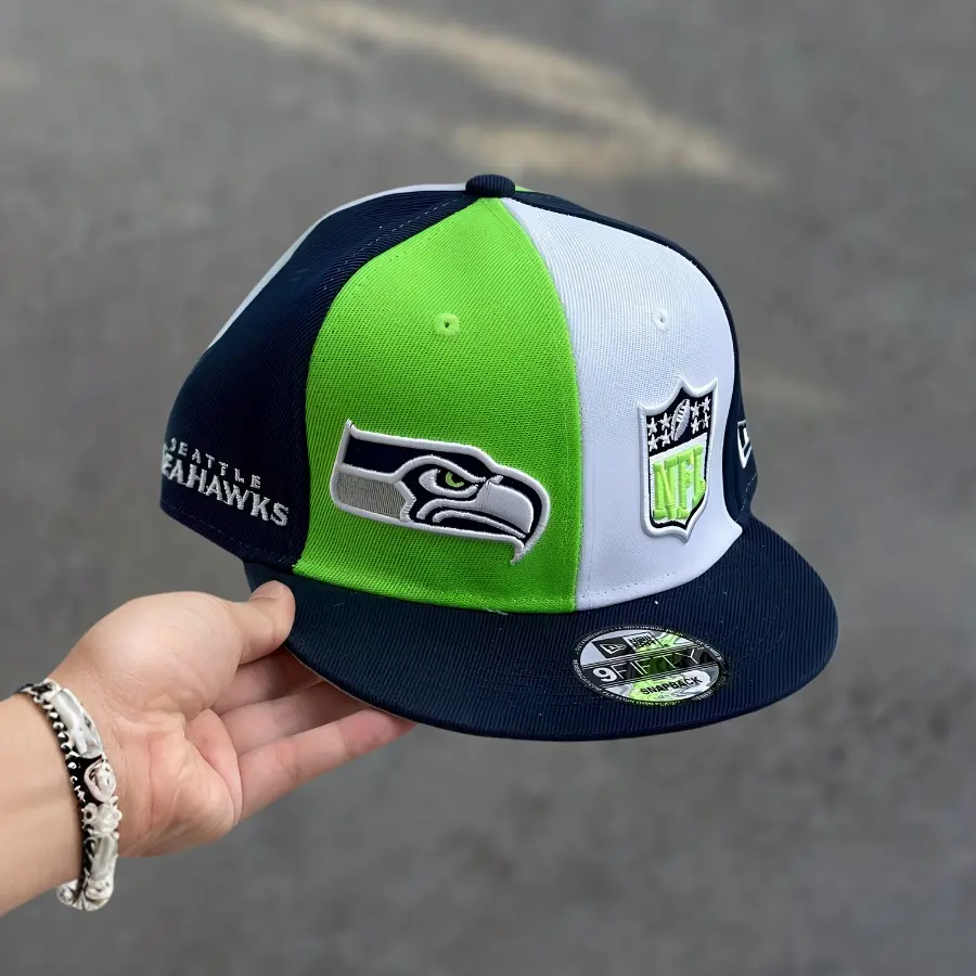New Era NFL Seattle Seahawks 9FIFTY Snapback Hat Navy Green White Colorblock Flat Brim Adjustable Football Cap Embroidered Logo Streetwear