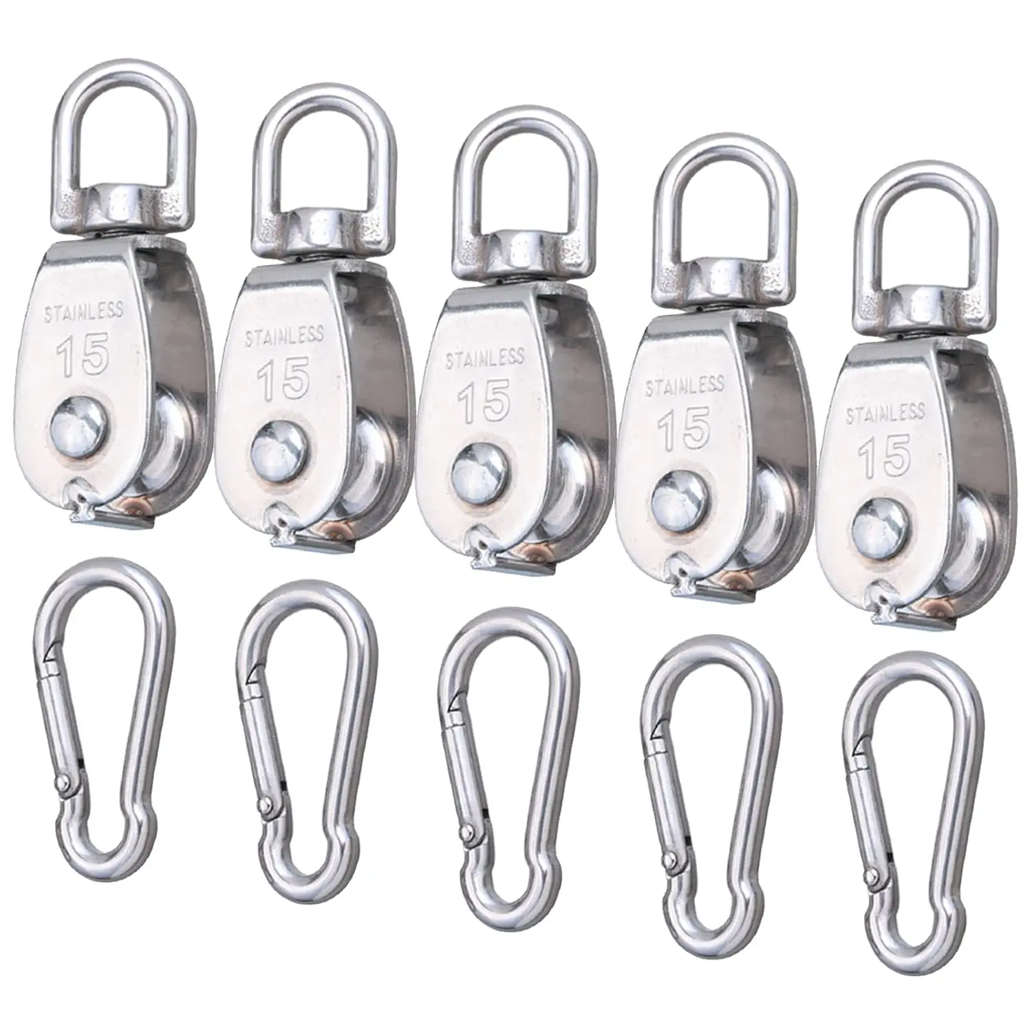 5 Pcs M15 Single Pulley Block,304 Stainless Steel Lifting Crane Pulley,Wire Rope Hanging Pulley Wheel with 5 Pcs Spring Snap Hook–360° Swivel Head, 80lbs Load Capacity, Anti-Rust Heavy Duty Rigging Hardware for Marine, Camping, Garage, and Industrial Use
