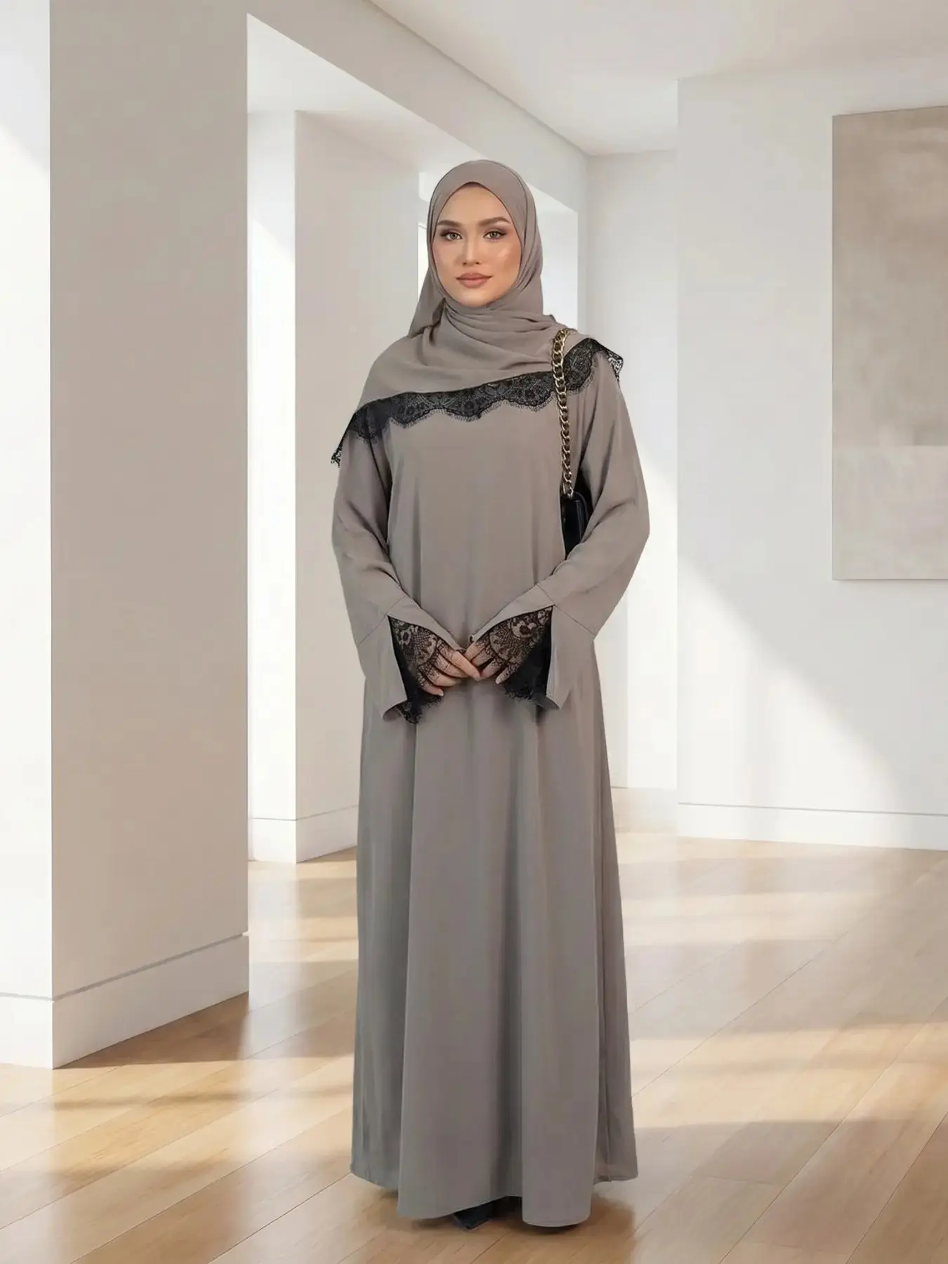 Muslim Women's Long Sleeve Lace Patchwork Plus Size Loose Fit Plain 2-Piece Set Dress with Scarf, Elegant Casual Wear, Comfortable Fabric, Modest Summer Outfit