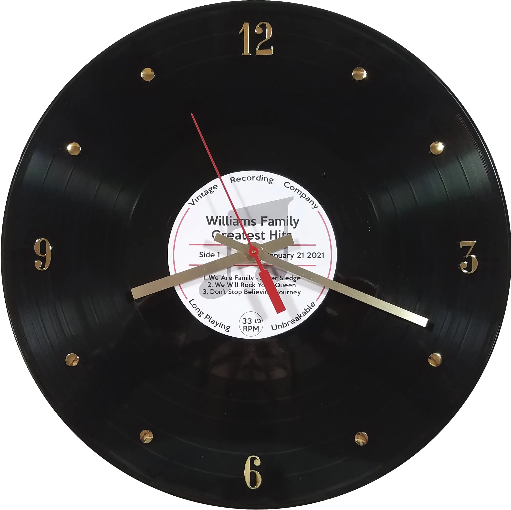 Personalized 12" Vinyl Record Clock- Customize Names, Date, & Songs. Unique for Birthday, Family… Made with a genuine vinyl record