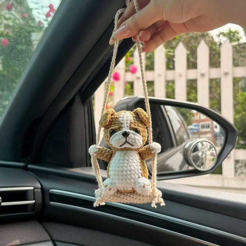 Pugdog Crochet | Amigurumi Swing Dog Car Charm | Cute Puppy Rearview Mirror Decor