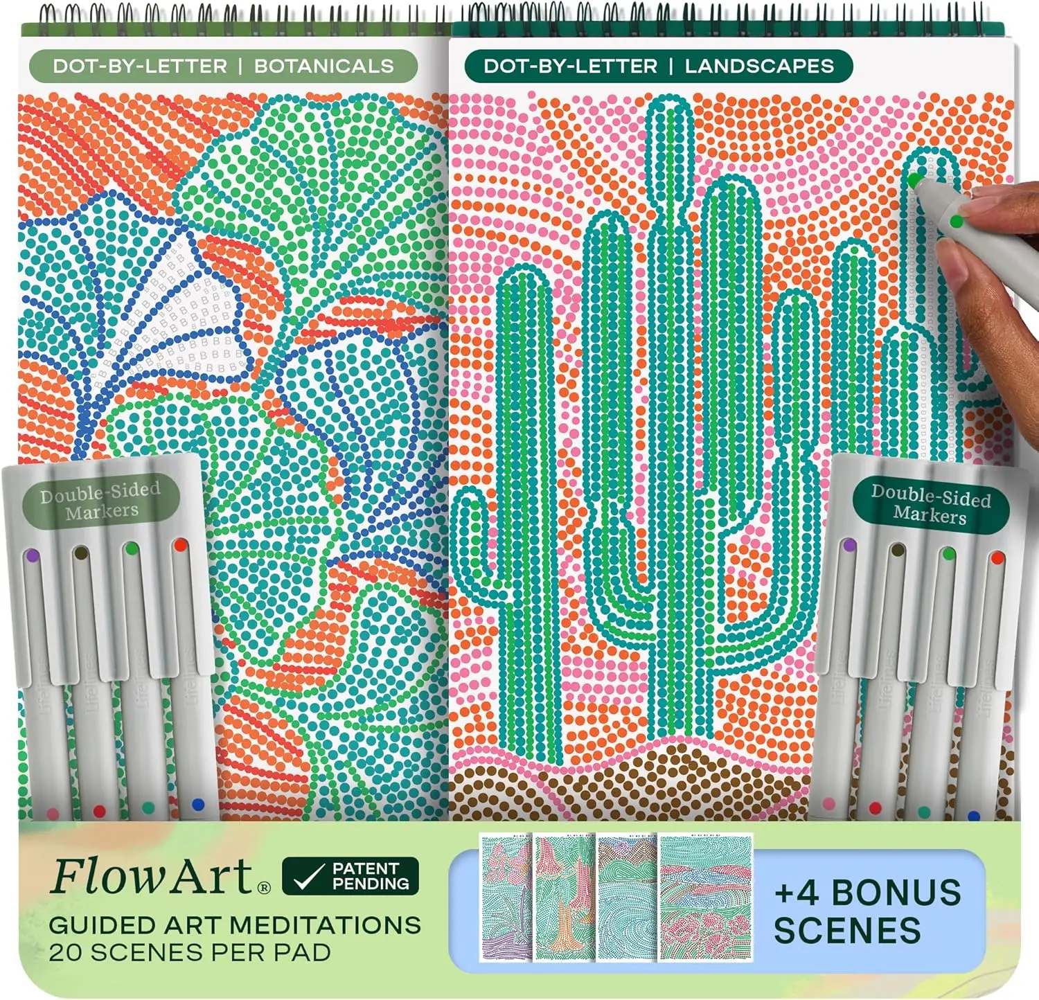 Lifelines FlowArt Guided Art Meditations – 2-Pack or 4-Pack Activity Pads with Themed Markers – Dot-by-Letter, Hidden Patterns, Pogo-Dot, Mosaic Desig