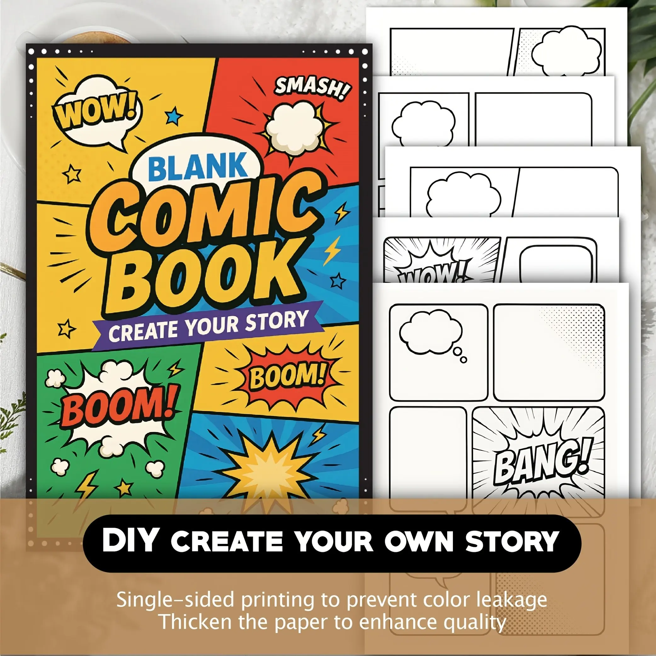 Thick Paper Comic Creation Book, Drawing, Personalizing, Customizing, Blank Comic Book with Templates, Blank Pages, Dialogue Bubbles, Explosion Effects, High-Quality Cover, Art Board, Durable Comic Book, Advanced Art Paper