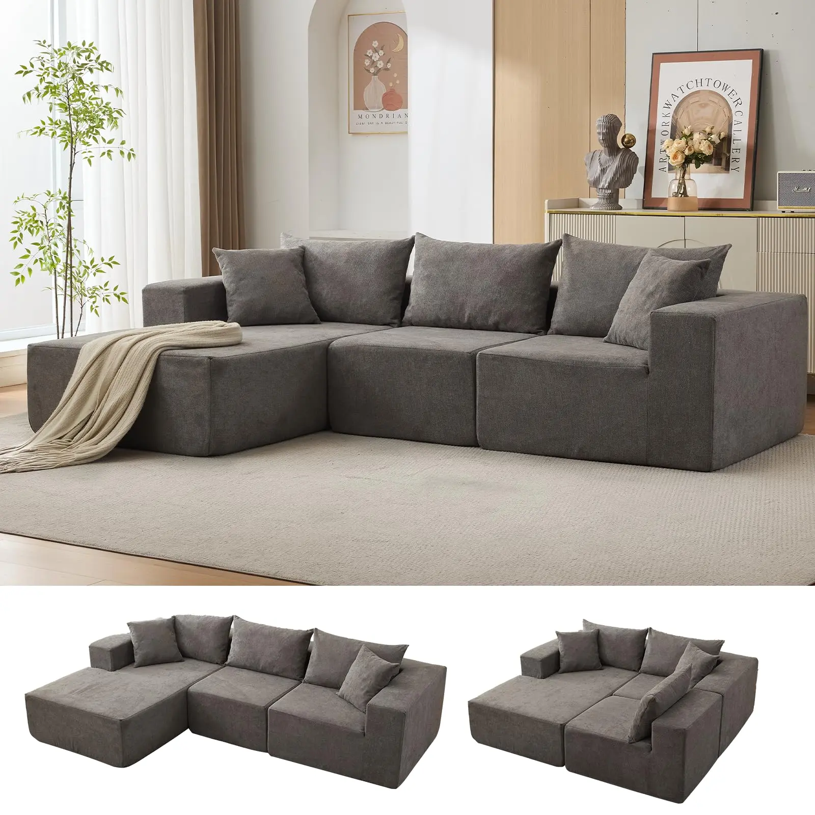 Modular L-Shaped Corduroy Sectional Sofa with Cloud-Like Fluffy Compressed Cushions, Corner Chaise Lounge, Comfy Couch for Living Room