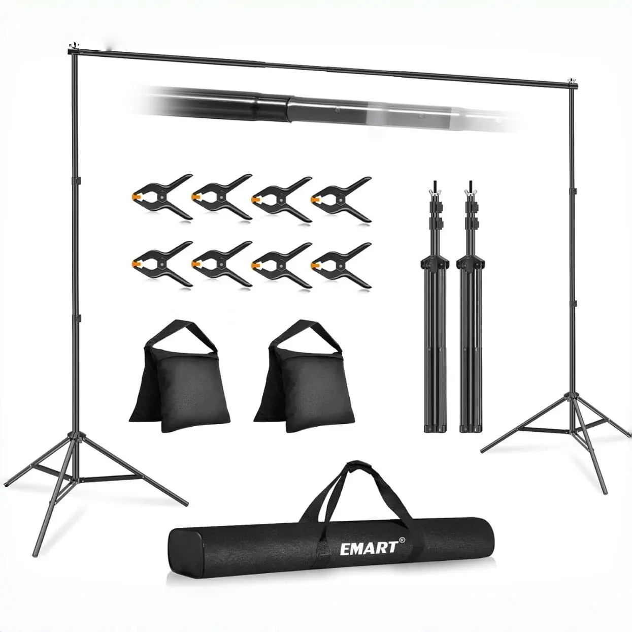 EMART Backdrop Stand 10x10ft Photo Studio Adjustable Background Stand Support kit with 2 Crossbars, 8 Clamps, 2 Sandbags and Carry Bag for Parties, Events Decoration, Wedding, Photography  spring clamp
