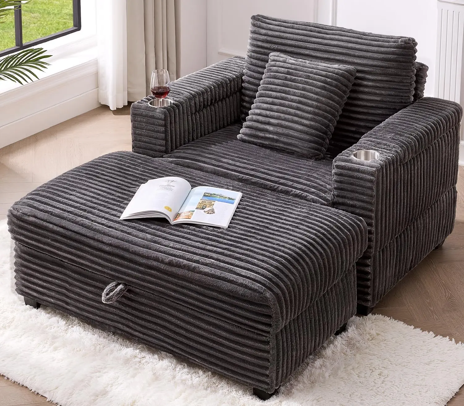 【SummerFinds】ONBRILL Sturdy Corduroy Oversized Chair with Ottoman - 44" Width Living Room Furniture, Armchair with Cup Holders, USB Port, Storage Armrest, Easy Setup, Comfy Single Sofa Bed for Compact Spaces