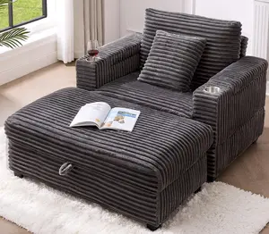 【SummerGarden】ONBRILL Corduroy Oversized Chair with Ottoman, 44" Wide Armchair with Cup Holders, USB Port, Room Storage Armrest, Easy Assembly, Comfy Single Sofa Bed for Living Room, Apartment