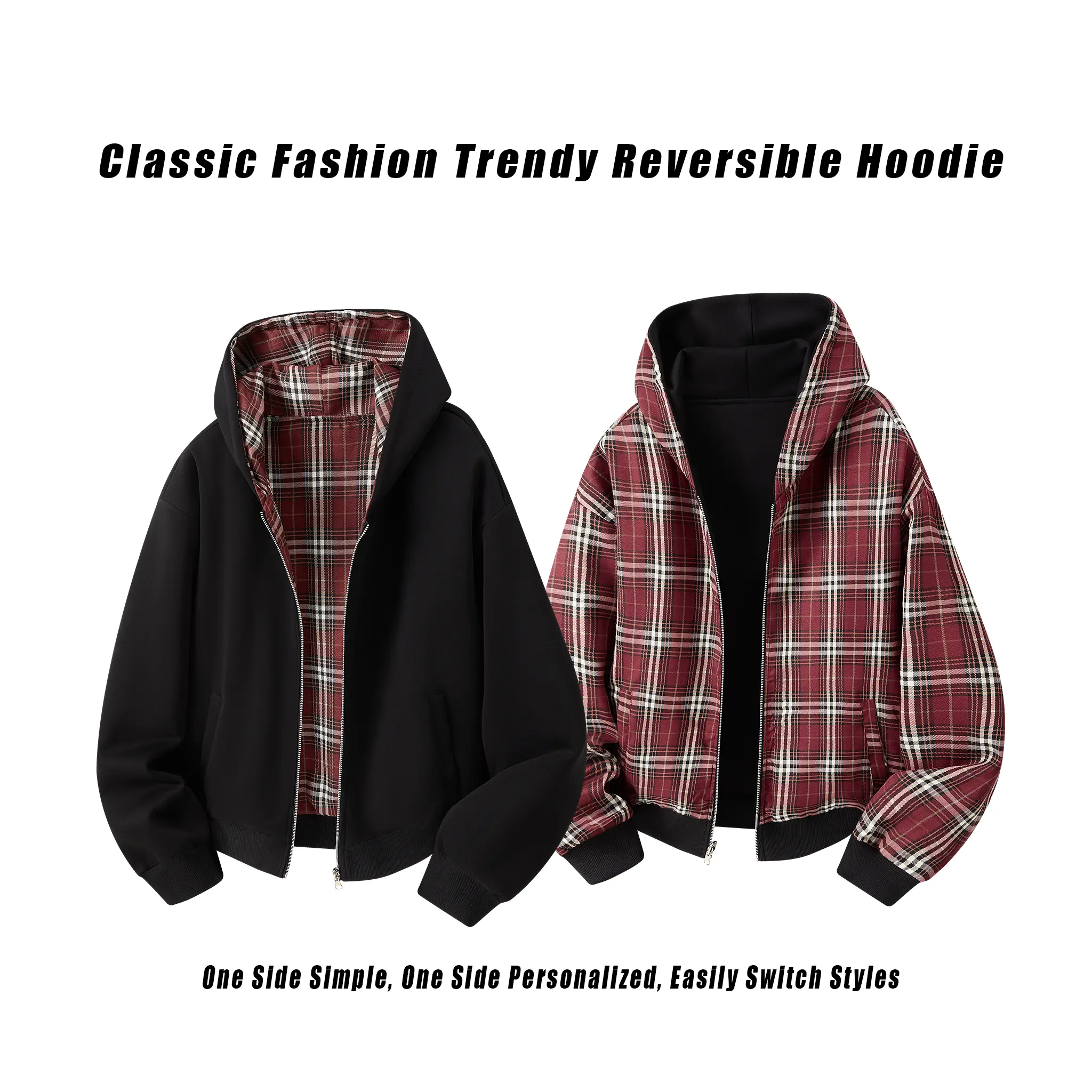 Men’s Stylish Reversible Checked Long Sleeve Polyester Loose Zip-Up Hooded Sweatshirt/Track Jacket, Menswear, Suitable for Everyday Wear, Streetwear Activities