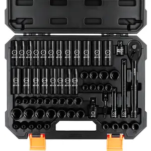 BOEN 59 PCS 3/8" Drive Impact Socket Set, Standard SAE(5/16"-3/4") & Metric(6-22mm), Deep & Shallow, Cr-V Steel, 6-Point, hand tool, father gift, with Adapters, Extension Bar, E-Torx Socket(E5-E16)
