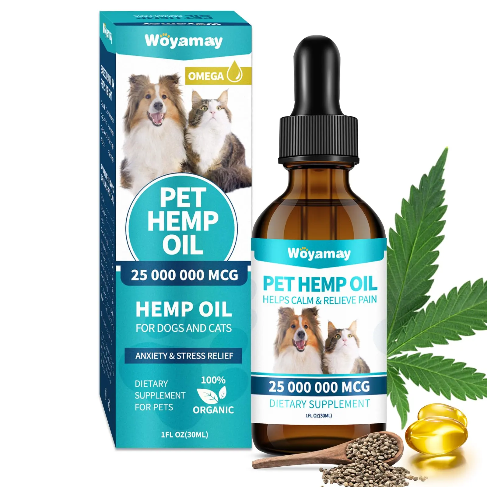 Woyamay Hemp Oil for Dogs and Cats - Hemp Oil Drops Rich in Omega 3, 6, 9 and Organic Extract Helps Pets with Аnxiеty, Pаin, Strеss, Slееp, Аrthritis, Sеizures Rеlief, Pets Calming Treat #DealsForYouDays #SummerWins