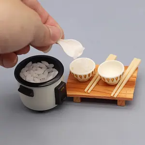 Simulation Mini Kitchen Rice Cooker Rice Bowl Chopsticks Table Pretend Play Dollhouse Model Small Ornament Decoration