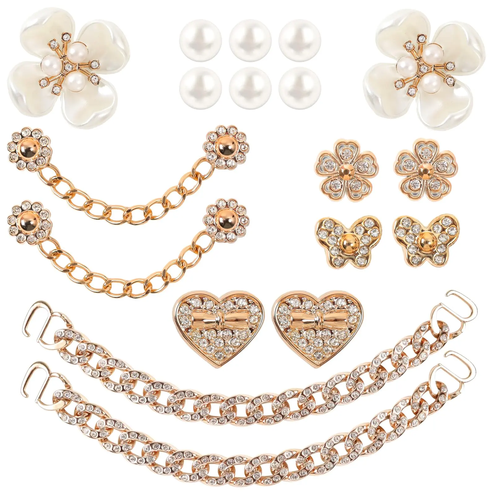 18-Piece Exquisite Bling Pearl Shoe Charms Set - Alloy & Plastic DIY Decor Accessories with Flower & Heart, Butterfly Accents, Small Gold Chains, Cute Fingerpush Removal for Clogs, Lightweight Gifts for Family