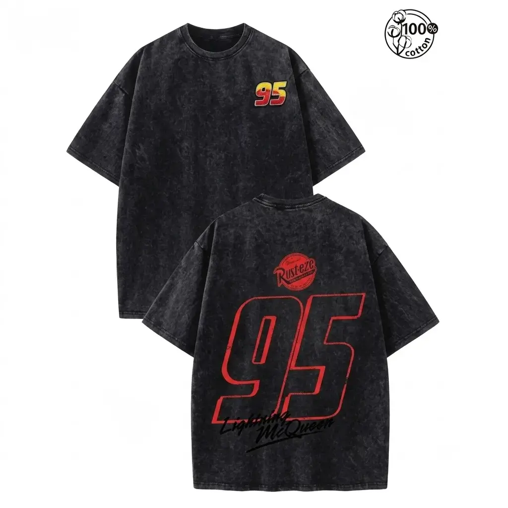 Heavyweight Vintage Washed 95 Racing Graphic T‑Shirt, Retro Motorsport Y2K Car Culture Streetwear Tee, Oversized Casual Short Sleeve Fashion Top For Men