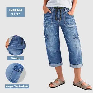 Flamingals Wash Flap Pocket Roll Hem Drawstring High Rise Barrel Leg Capri Jeans Womenswear Stretchy 21.9" Inseam