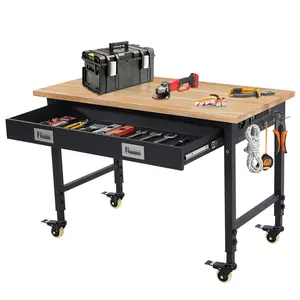 48" Work Benches for Garage, Adjustable Workbench with Wheels, Drawers, Power Outlet & Rubber Wood Top, 2000LB Tool Bench Shop Table for Woodworking, Office, Home (48x24 Inch with Drawer)