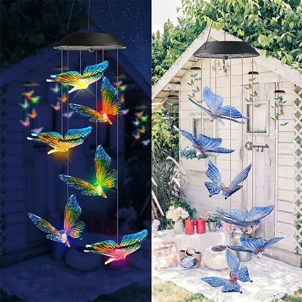 Water-Resistant Solar Butterfly LED Wind Chimes - Color Changing Flashing Lights, Outdoor Hanging Decor for Garden & Courtyard, Ambiance-Enhancing Solar Garden Supplies