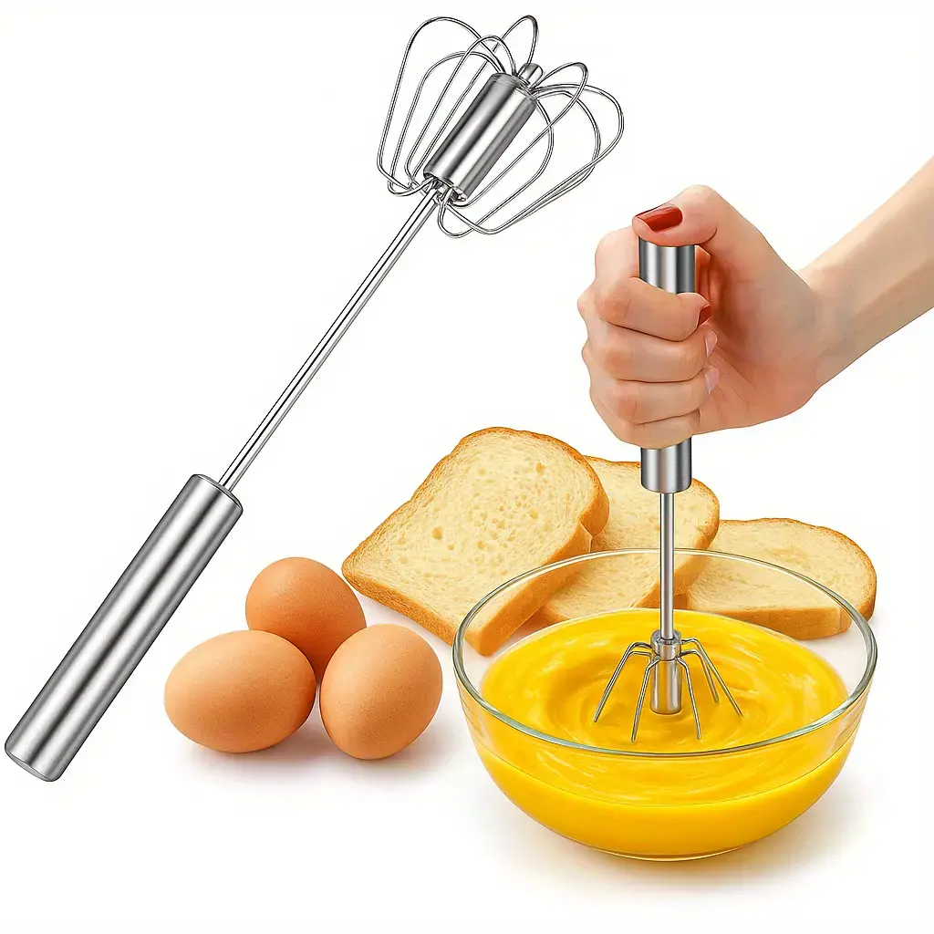2PC Stainless Steel Handheld Semi-Automatic Rotating Eggbeater Mixer - Egg Whisk, Durable Kitchen Utensils for Kitchen, Easy to Clean Gadget for Stirring, Creaming Eggs