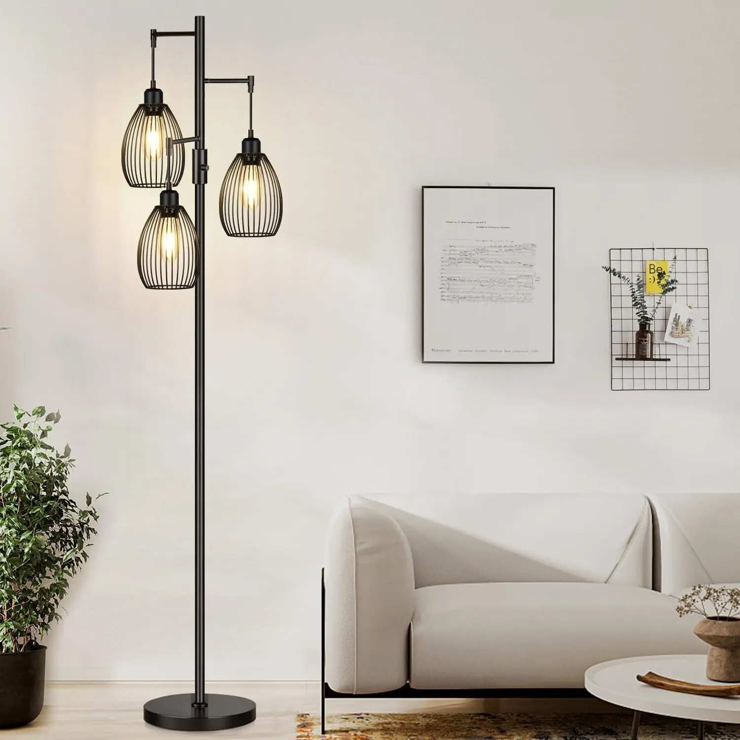 Dimmable Decorative Floor Lamp - Adjustable Light, Modern Standing Light, Farmhouse Industrial Tree Lamp with Elegant Teardrop Cage, 3 x 800LM LED Edison Bulbs Included, for Bedroom Decor, Living Room Decorations, Home Use