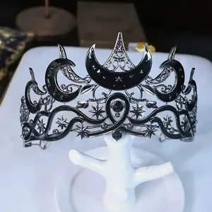 Gothic Moon Star Crown for Halloween Costume, Unisex Rhinestone Headpiece for Witch Vampire Dark Fairy Role Play Party Decoration