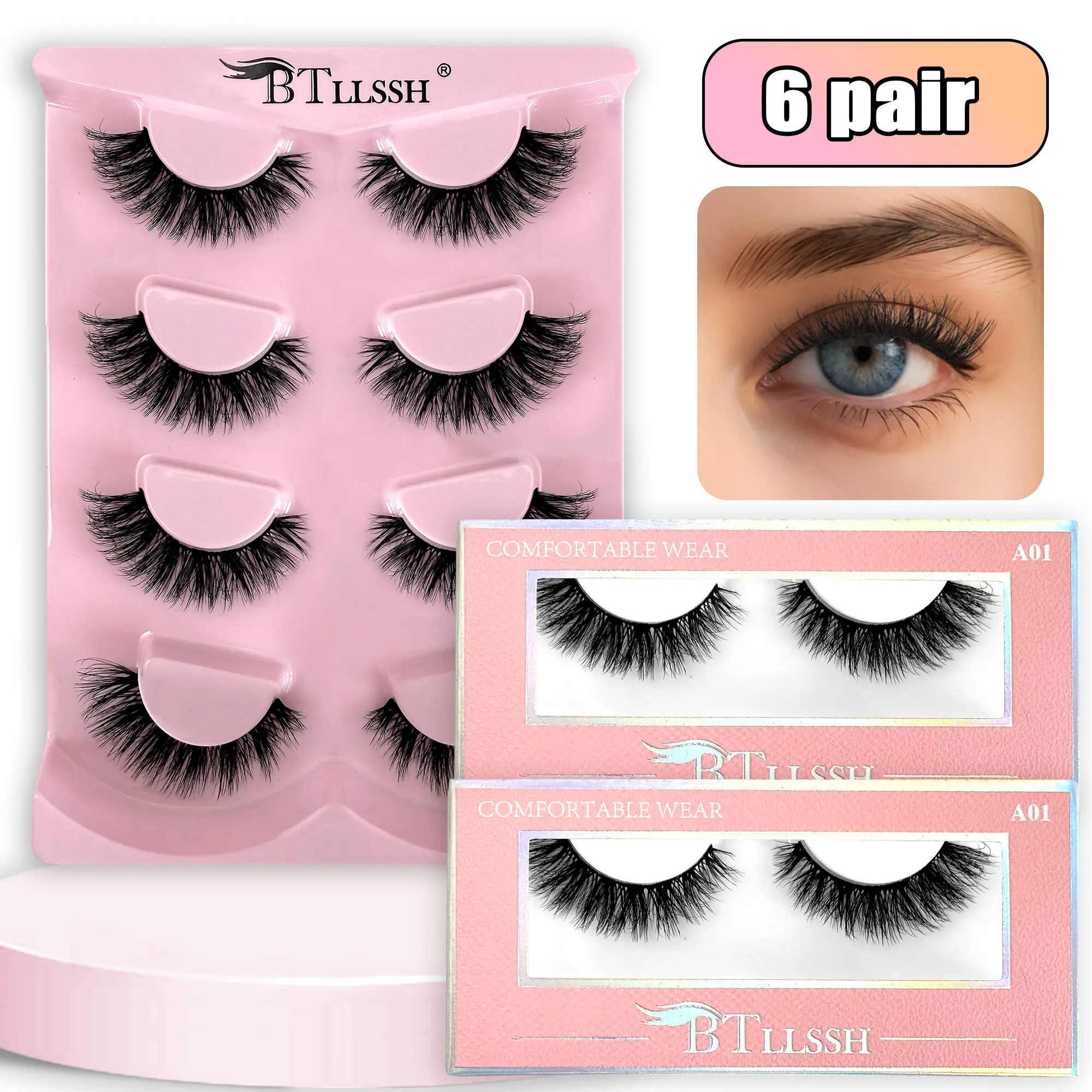 14mm Sweet Natural False Eyelashes Cosmetic Eyelashes Fake Lashes 6 Pairs, Doll Style with DD Curl, Non-Toxic & Flammable Liquid Free, Perfect for Daily Wear, Eyelash Set